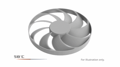 A fan spins, slows to a stop when the temperature reads 50 Celsius.