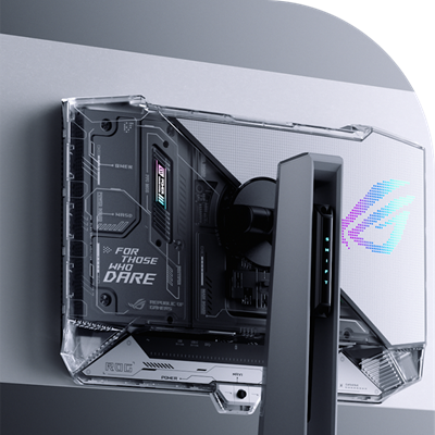 A close-up shot of the back of a high-tech ROG OLED gaming monitor with a transparent casing, revealing intricate internal components and design elements.