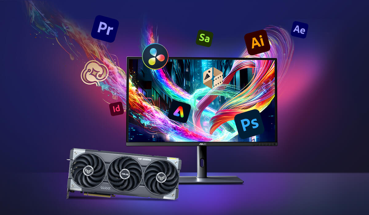 Monitor and TUF Gaming GeForce RTX 5070 graphics card on a desk, with Adobe product logos floating around the monitor