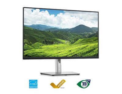 Bild eines Monitors vom Typ Dell P2723QE mit Naturlandschaft im Hintergrund.