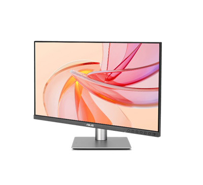 A silver ASUS ProArt monitor on an ergonomic stand with a screen displaying an abstract orange and red graphic, demonstrating its pivot adjustment range.