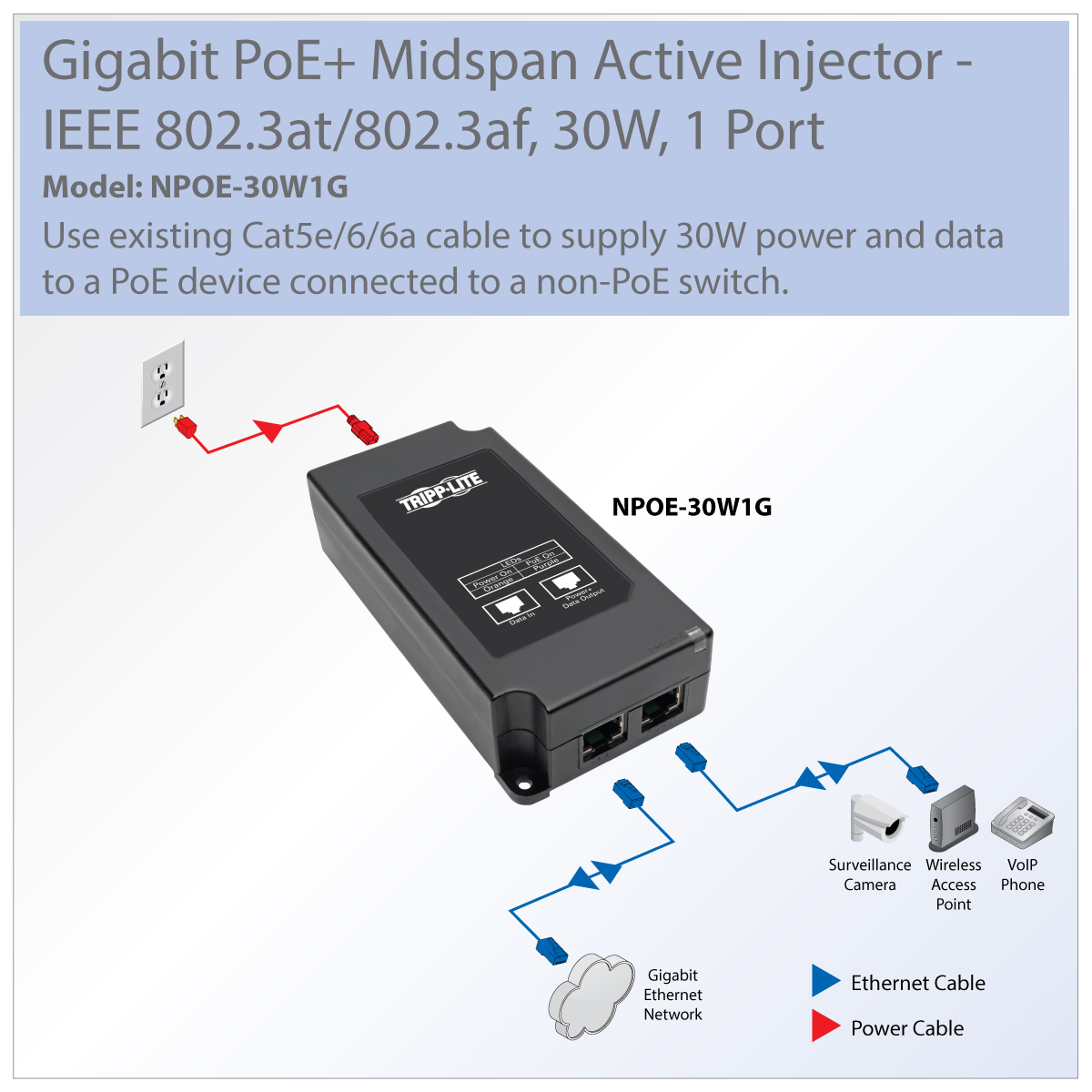 Tripp Lite Gigabit Midspan PoE+ Injector Active IEEE 802.3at/802.3