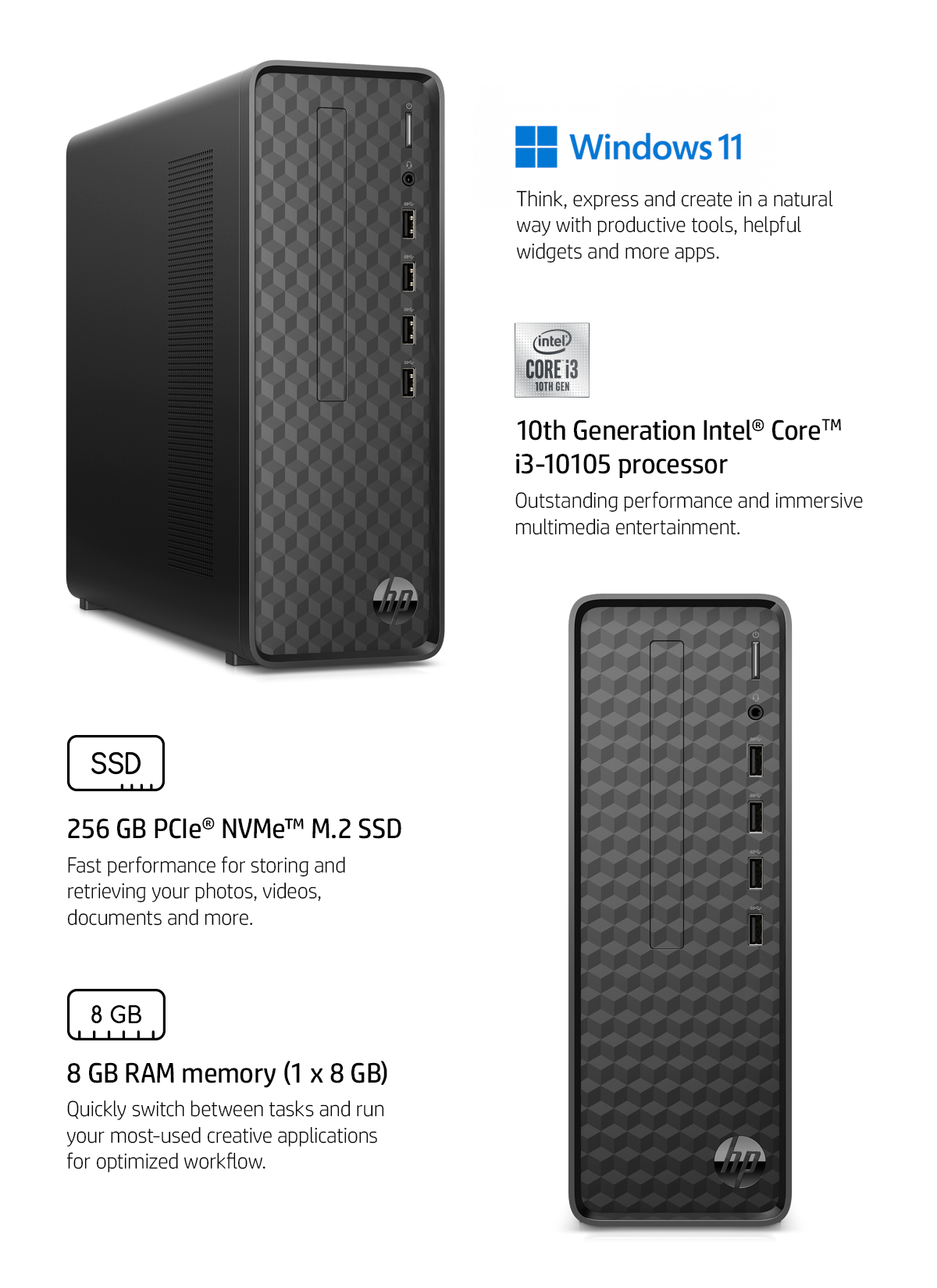 HP Slim Mini PC Desktop, Intel Core i3-10105, 8GB RAM, 256GB SSD, Dark  Black, Windows 11 Home, S01-pF2013w - Walmart.com