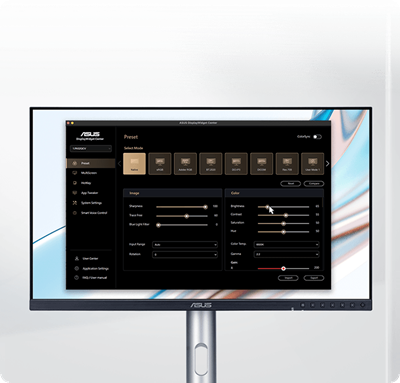 ProArt Display showing the ASUS DisplayWidget Center interface for macOS, featuring adjustable settings.