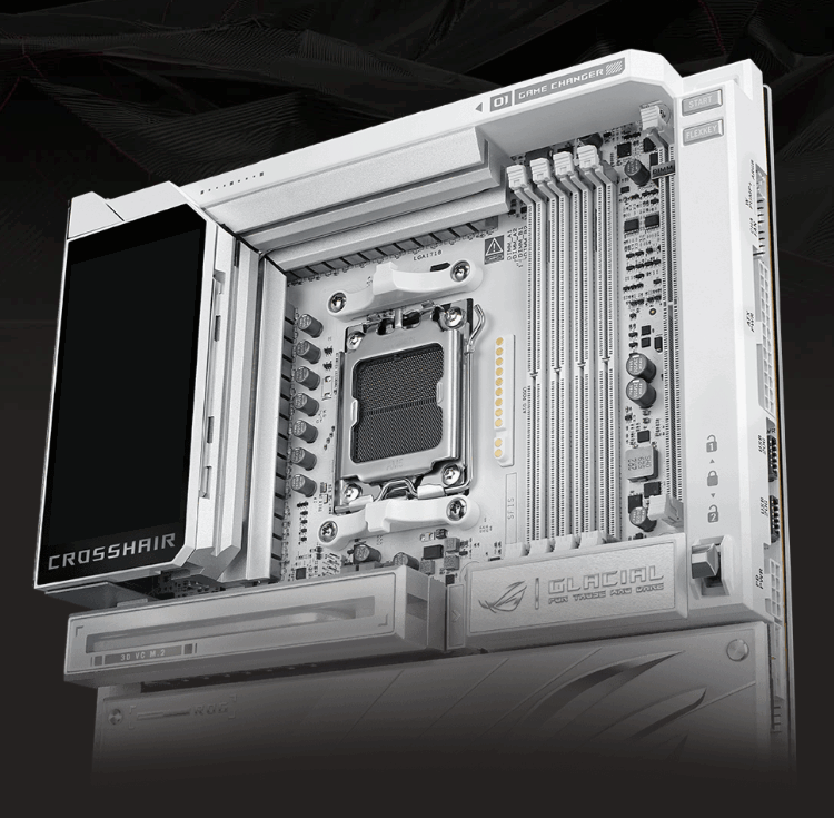 The ROG Crosshair X870E Glacial features a full-color 5-inch LCD screen
