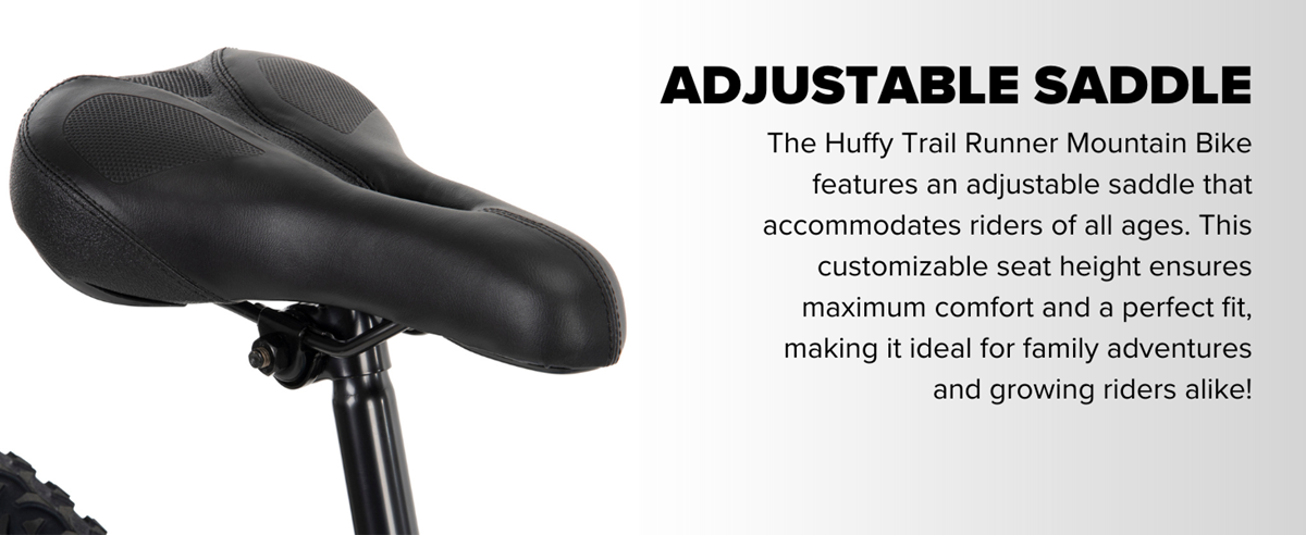 Detail shot of the adjustable saddle on the Huffy Trail Runner Mountain Bike