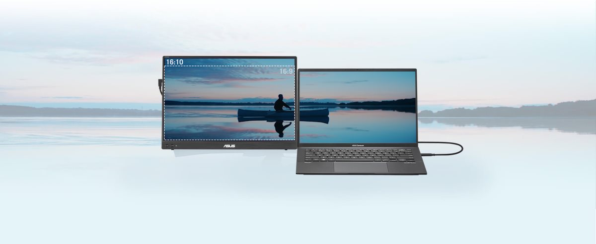 Showing a seamless viewing angle working setup of a ZenBook and ZenScreen MB16NCG in a front side
