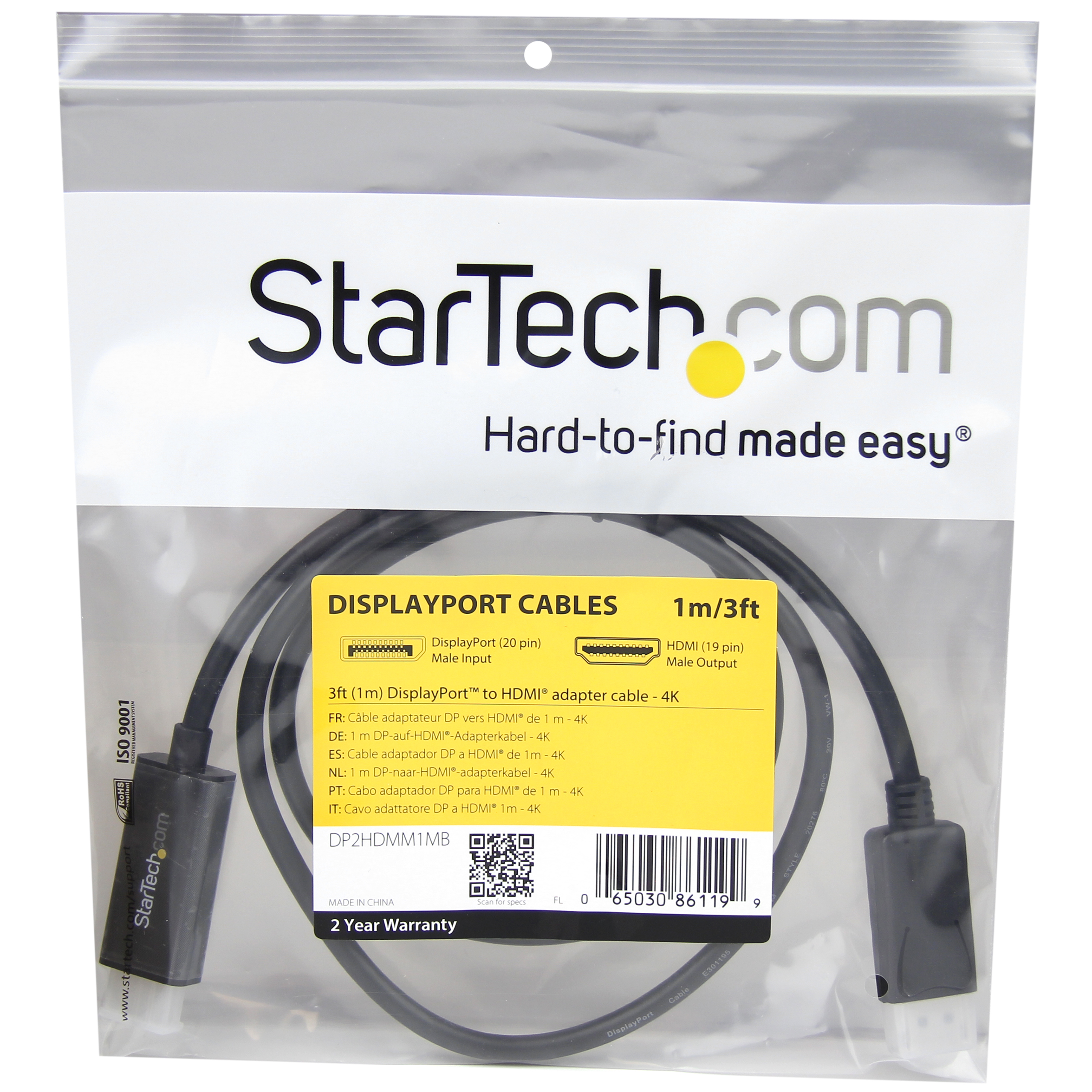 StarTech.com 6ft (2m) DisplayPort to HDMI Adapter Cable, 8K 60Hz, 4K 144Hz,  HDR10, DP 1.4 to HDMI 2.1 Active Video Converter, DisplayPort Desktop to  HDMI Monitor, M/M