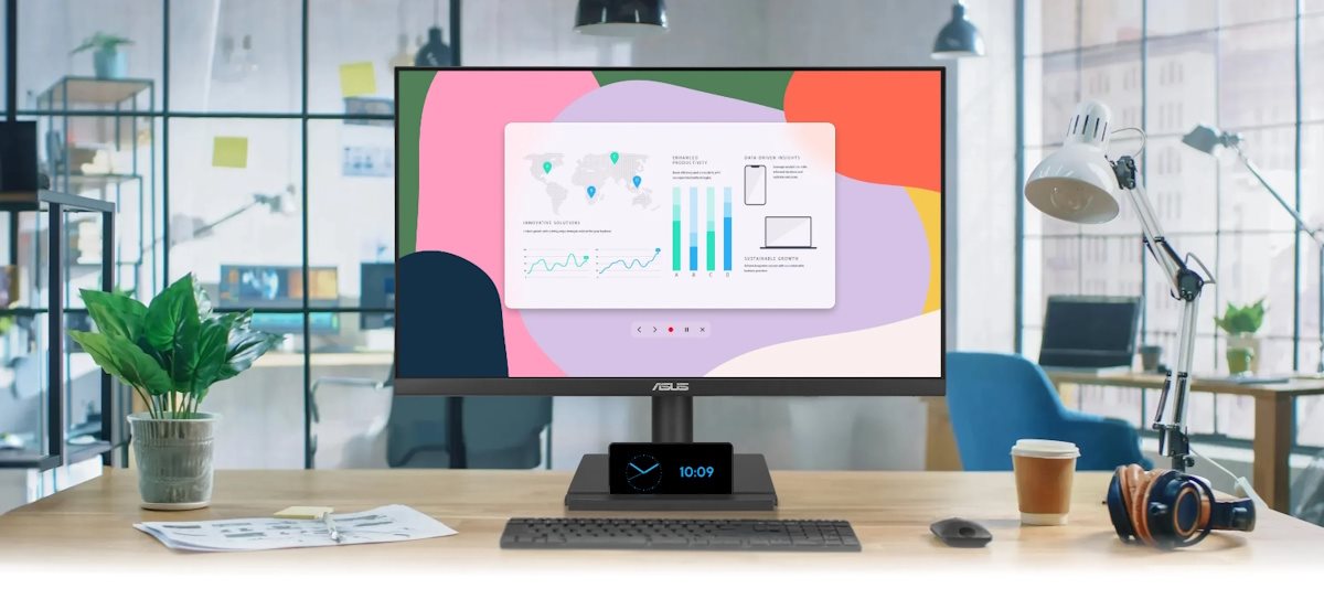 A situational image of a computer screen on the table with some business charts inside