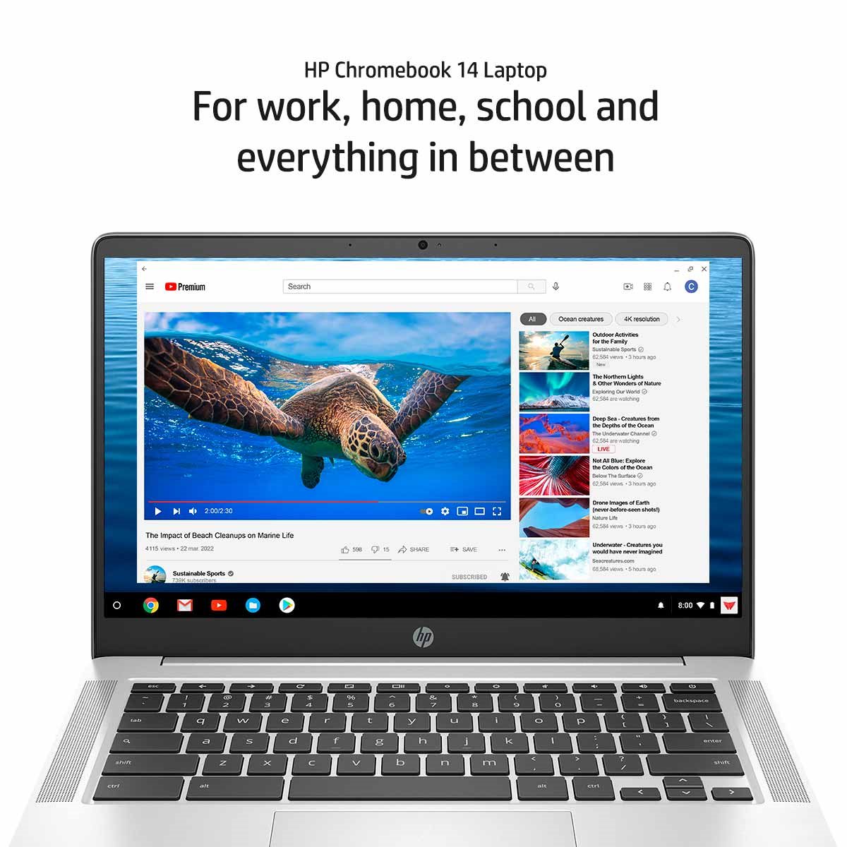 Silver Chromebook 14 shows YouTube app.