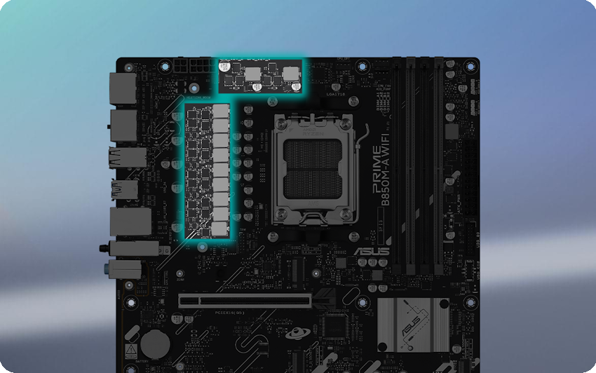 Schräge Draufsicht auf das PRIME B850M-A WIFI Motherboard.