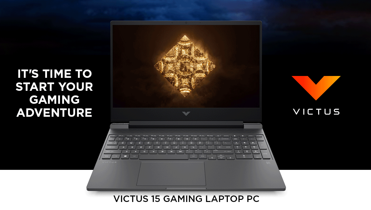 Victus 15 Gaming Laptop PC shows gaming cinematic screen.