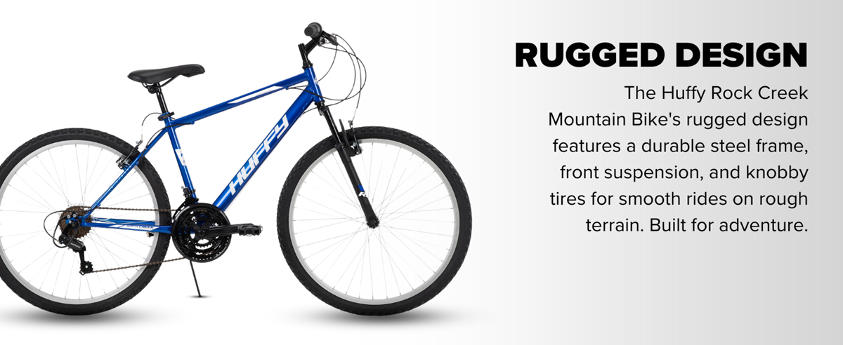 Overview of the Rugged design on the Huffy Rock Creek Mountain bike and showcasing the features of it