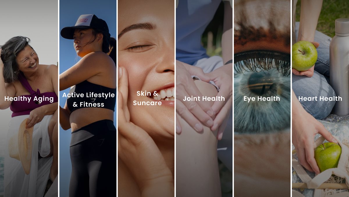 BioAstin Hawaiian Astaxanthin 12MG 120 Count soft gels showing who this product is good for including people looking for healthy aging, active lifestyle and fitness, skin and suncare, joint health, eye health, and heart health.