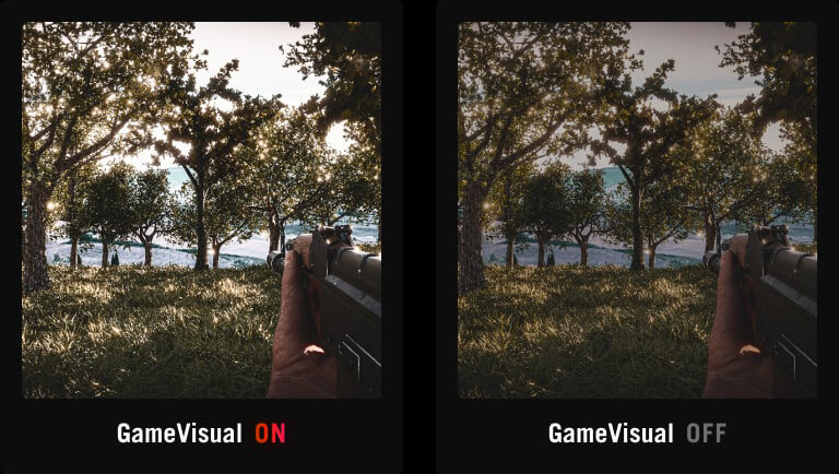 Lebendiger Screenshot eines FPS-Spiels / Identischer Screenshot eines FPS-Spiels, der weniger lebendige Farben zeigt