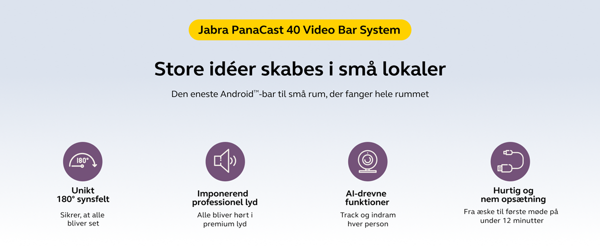 Jabra PanaCast 40 Video Bar System features overview.