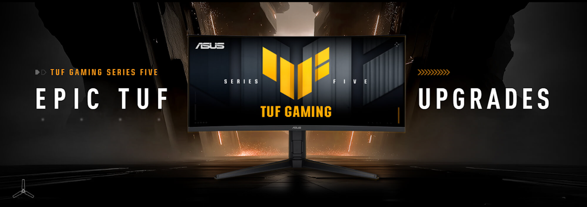 The TUF Gaming monitor VG34WQL5A displaying vibrant, colorful graphics with the TUF logo at its center.