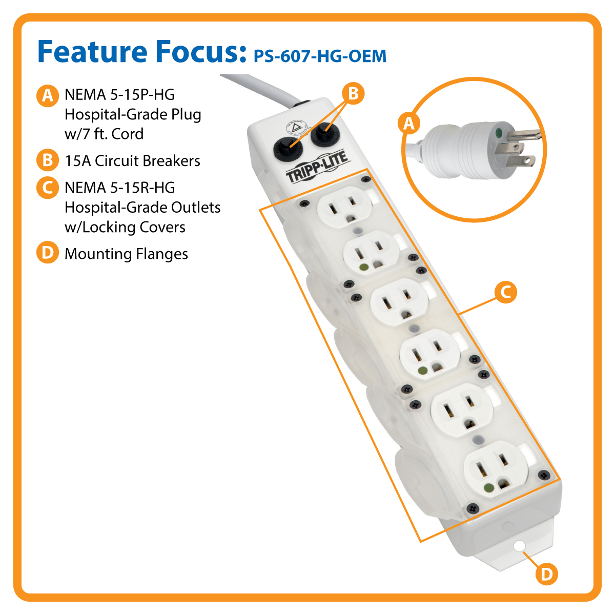 Tripp Lite PS-615-HG Medical-Grade Power Strip, 120 VAC, 15 A, 6