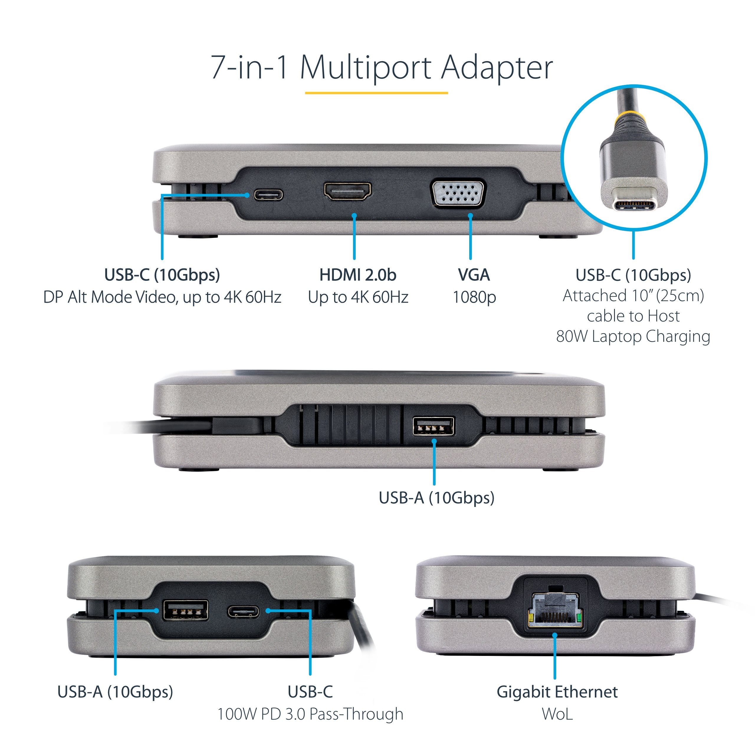 USB-C to VGA, USB-A Port, Gbe, PD Charging