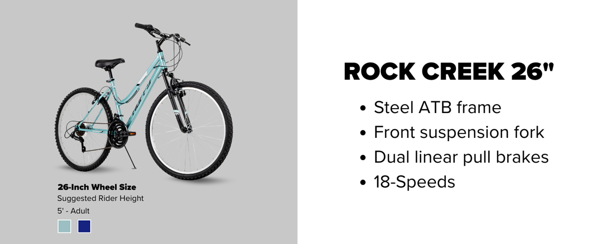 26 Inch size specifications of the Huffy Rock Creek including the build, brakes, speeds, and colors