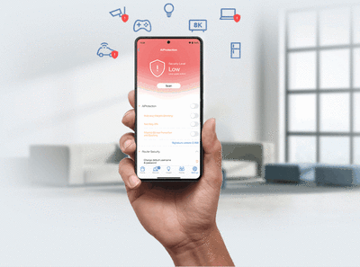 Hand holding mobile phone using the ASUS Router mobile app, with various icons floating above to reference different networked activities