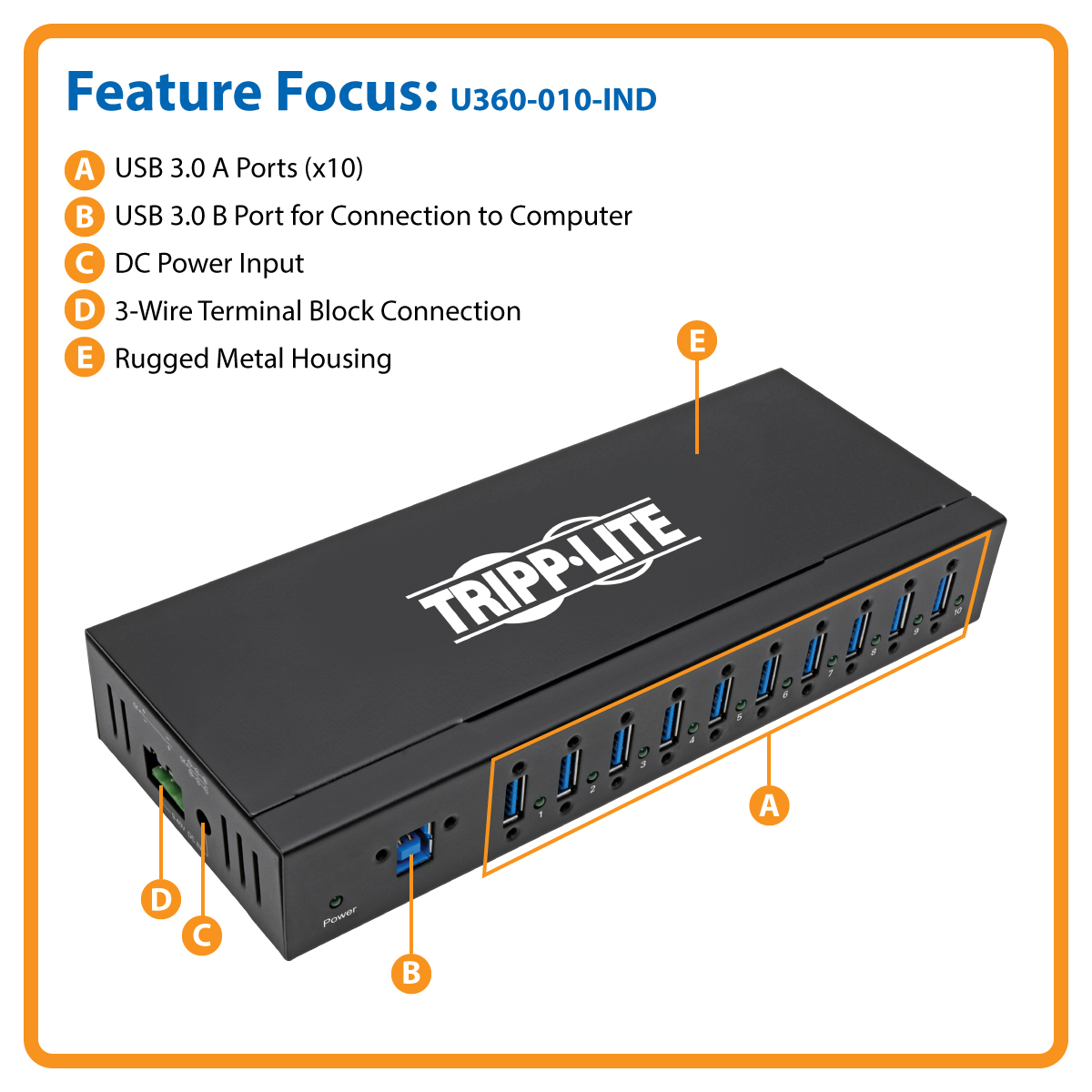 Tripp Lite 10-Port Industrial-Grade USB 3.0 SuperSpeed Hub - 20 kV