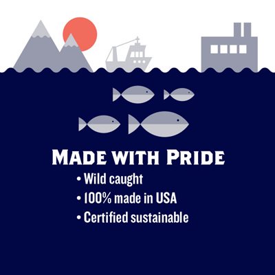 Cartoon image of a school of fish swimming with a boat, mountains, and a plant around them. Text reads: Made with Pride: Wild caught, 100% made in USA, Certified sustainable.