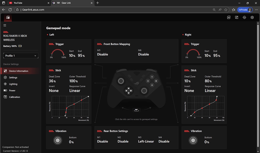 Gear Link user interface – the main page of ROG RAIKIRI II Xbox Wireless