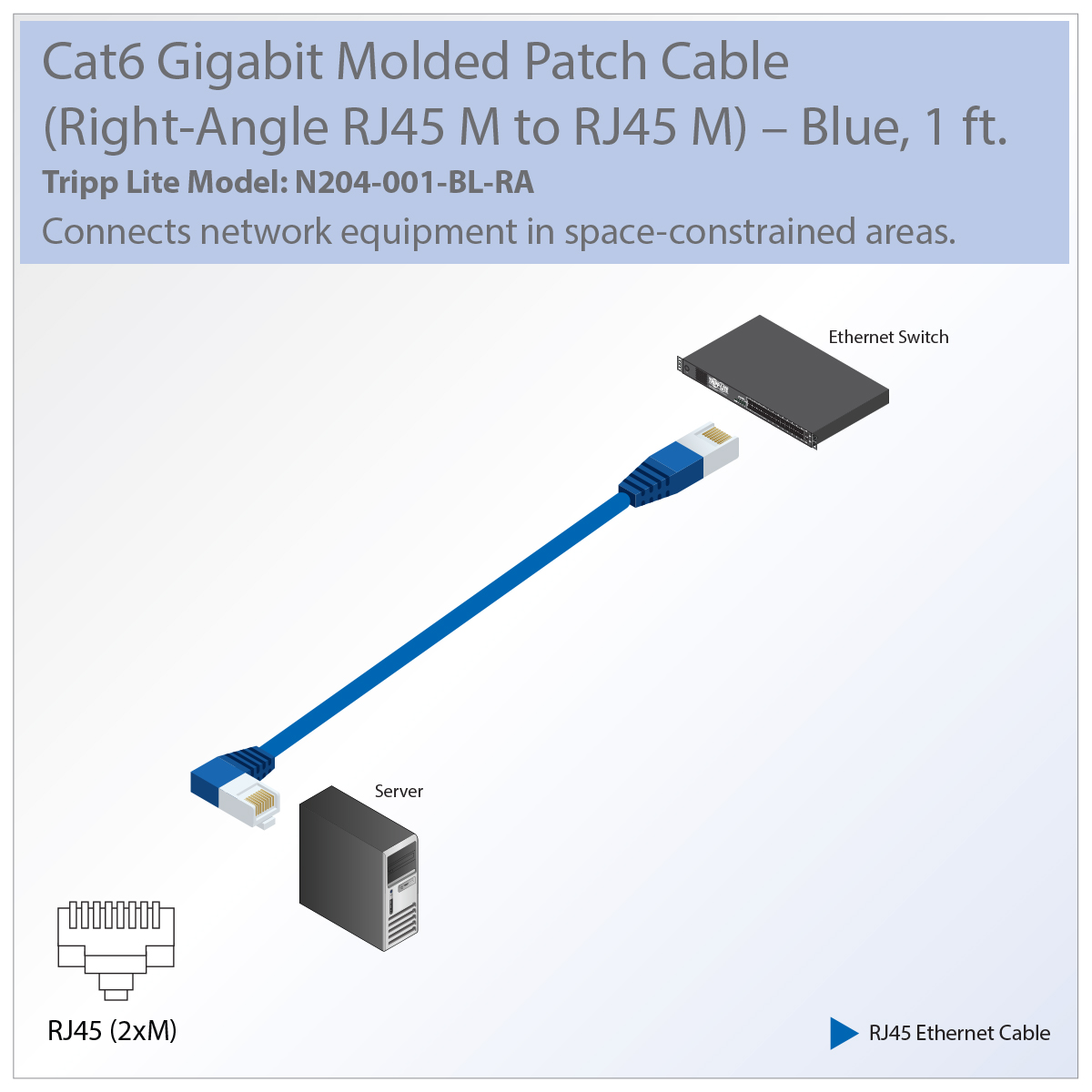 Cat6 Gigabit Ethernet Cable - Right-Angle RJ45 M/M, Molded UTP, 1 ft.