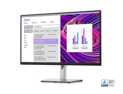 Bild eines Monitors Dell P2723DE mit violettem Hintergrund, einem E-Mail-Posteingang und einem Dashboard auf dem Bildschirm.