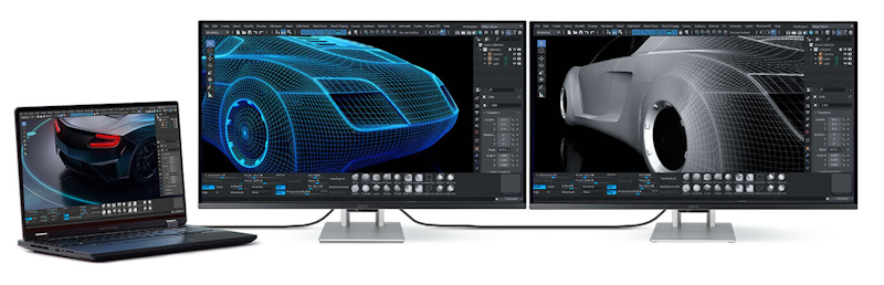 Ein Laptop mit zwei hintereinander geschalteten Monitoren, auf denen ein 3D-Modell eines Autos zu sehen ist.