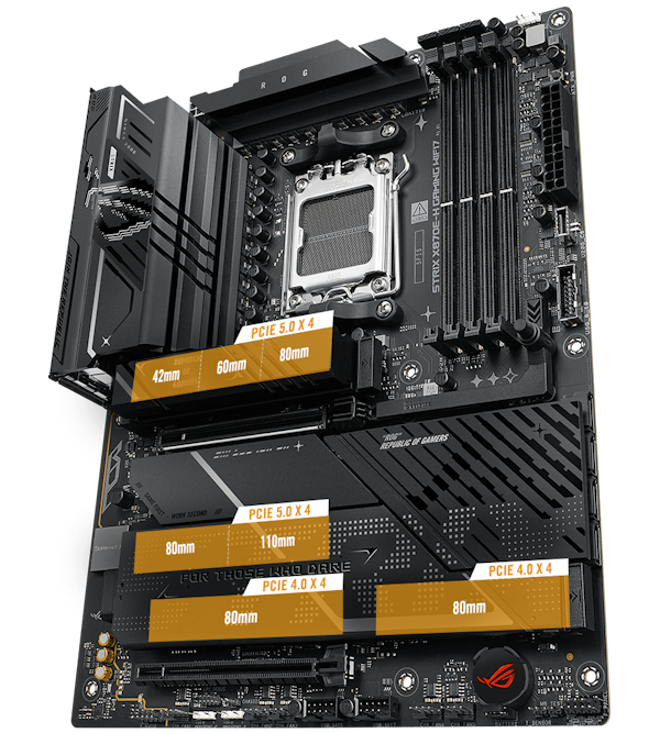 Das Strix X870E-H PCIe 5.0 M.2 und Erweiterungssteckplatz-Layout