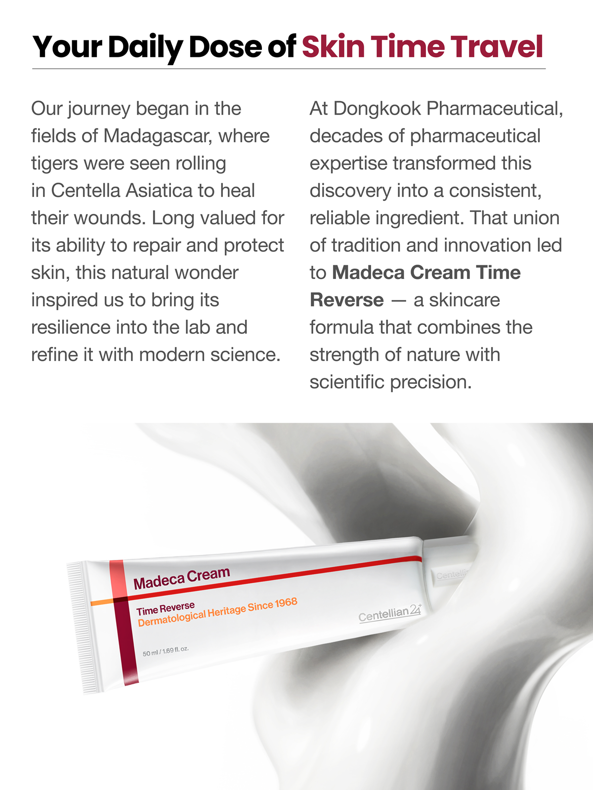 Intro image: Centellian24 Madeca Cream Time Reverse tube with headline "Your Daily Dose of Skin Time Travel" and product story