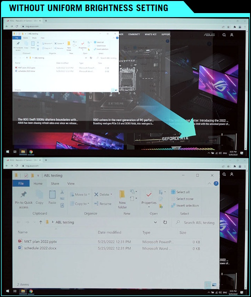 Comparison images showing a white window being enlarged in the first image, with the second image showing a dimmer display.