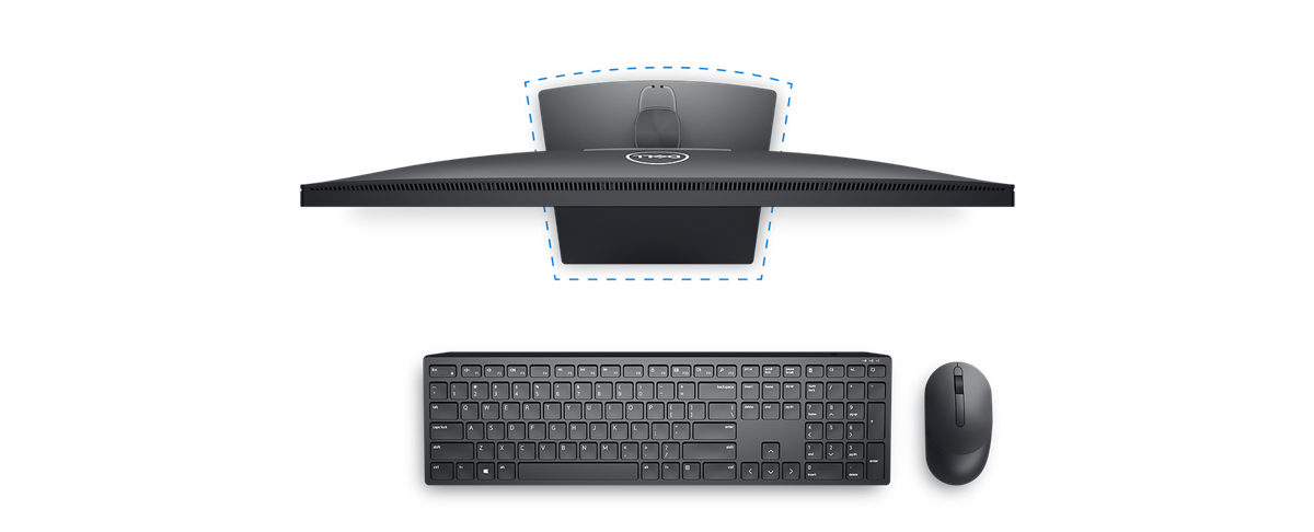 Bild eines Monitors Dell E2723H mit einer Dell Tastatur und Maus von oben