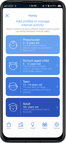 Smart phone showing ASUS router app user interface for family pre-set profile management.