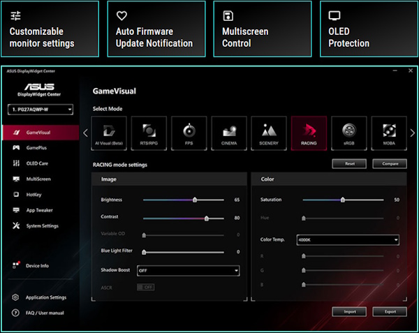 Screenshot of the new ASUS DisplayWidget Center UI showing system settings, OLED functions, and more.