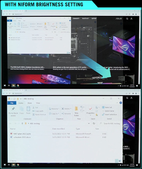 Comparison images showing a white window being enlarged in the first image, with the second image showing no change in display brightness