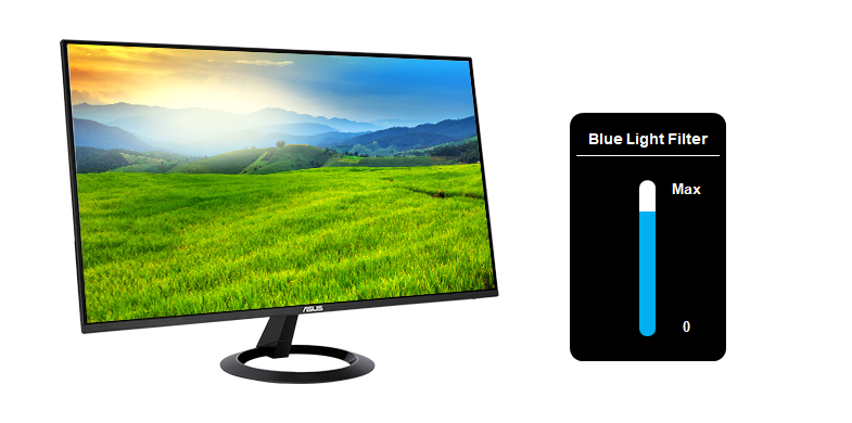 Image with monitor and blue light filter bar for adjusting the blue light filter level