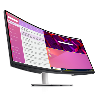 Bild eines Dell S3423DWC Monitors mit einem E-Mail-Posteingang auf der linken Seite des Bildschirms und einer Suchleiste auf der rechten Seite