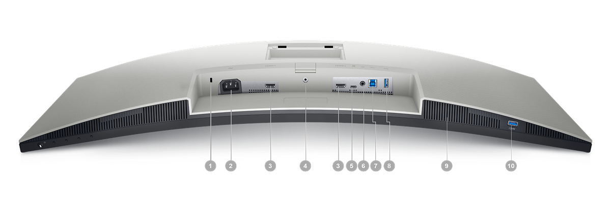 Bild des auf dem Bildschirm liegenden Monitors Dell S3423DWC und Zahlen von 1 bis 10 unter dem Produkt zur Kennzeichnung der verfügbaren Anschlüsse