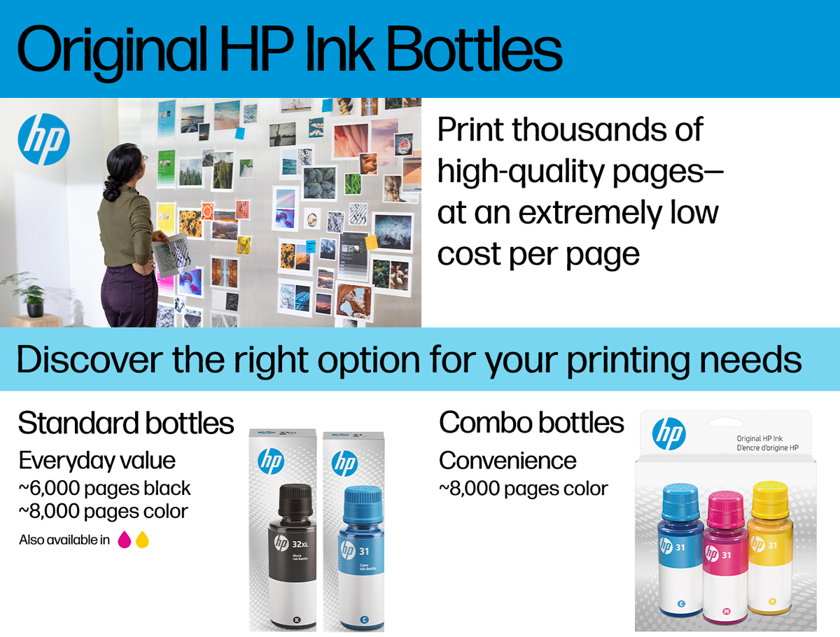 Promotional image for Original HP Ink Bottles. The image is divided into three sections. The top section features a person standing next to a wall covered with various printed photographs and the text 'Original HP Ink Bottles' and 'Print thousands of high-quality pages at an extremely low cost per page.' The middle section has a blue background with the text 'Discover the right option for your printing needs.' The bottom section is split into two parts: the left part shows 'Standard bottles' with a description 'Everyday value ~6,000 pages black, ~8,000 pages color' and images of black and cyan ink bottles. The right part shows 'Combo bottles' with a description 'Convenience ~8,000 pages color' and images of cyan, magenta, and yellow ink bottles.