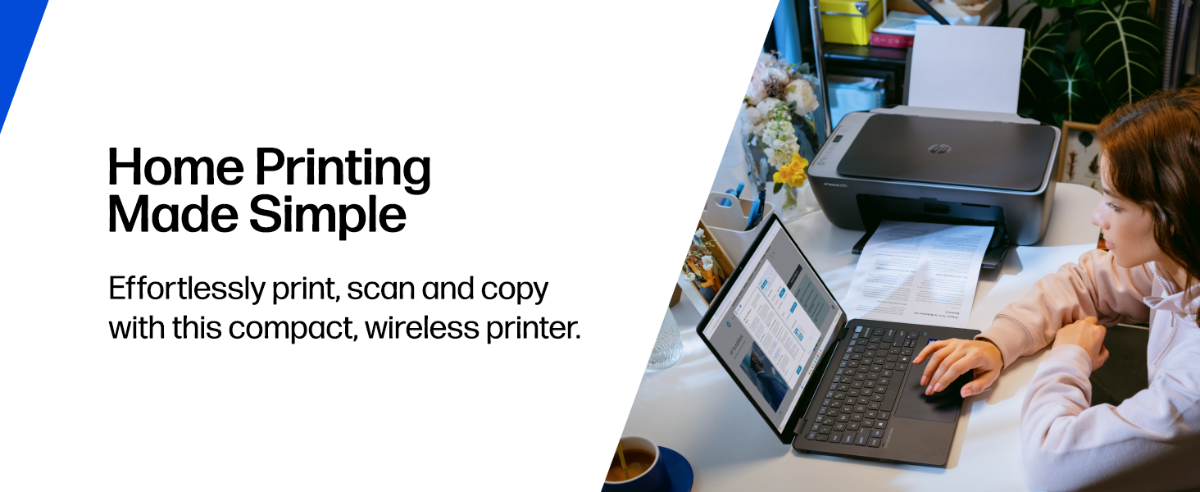 Woman at a desk using a laptop next to a black HP wireless printer, with headline text "Home Printing Made Simple."