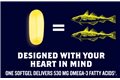 slide 6 of 6, zoom in, image of one omega-3 oil softgel with an equals sign and two pollock fish on the other side. the text below the image is: designed with your heart in mind. one softgel delivers 530mg omega-3 fatty acids. that is the same amount of omega-3s fatty acids you would consume by eating two 3.5oz portions of cooked pollock fish‡.