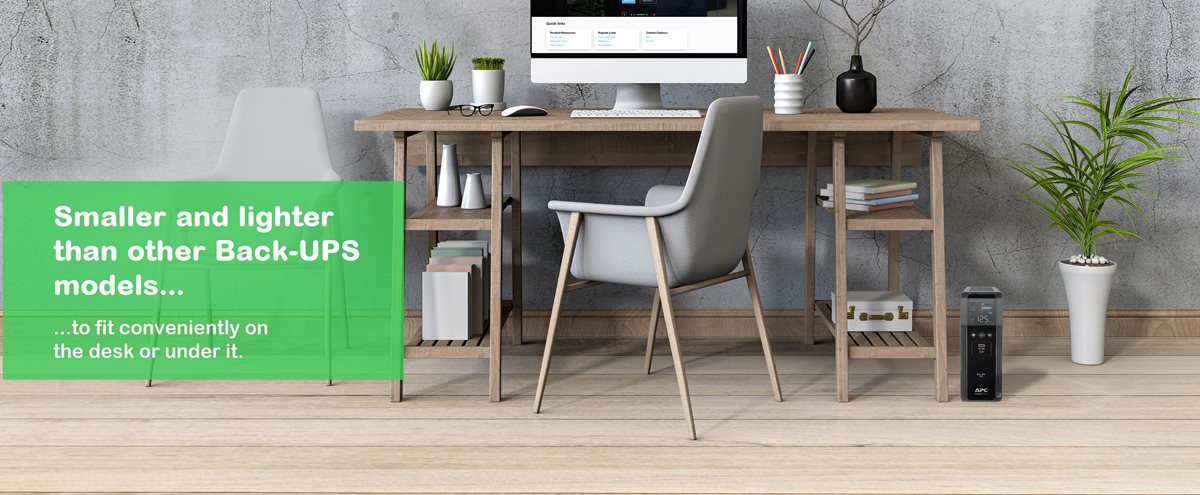 This Back-UPS model is smaller and lighter than previous versions and can fit neatly into a small home office setup.