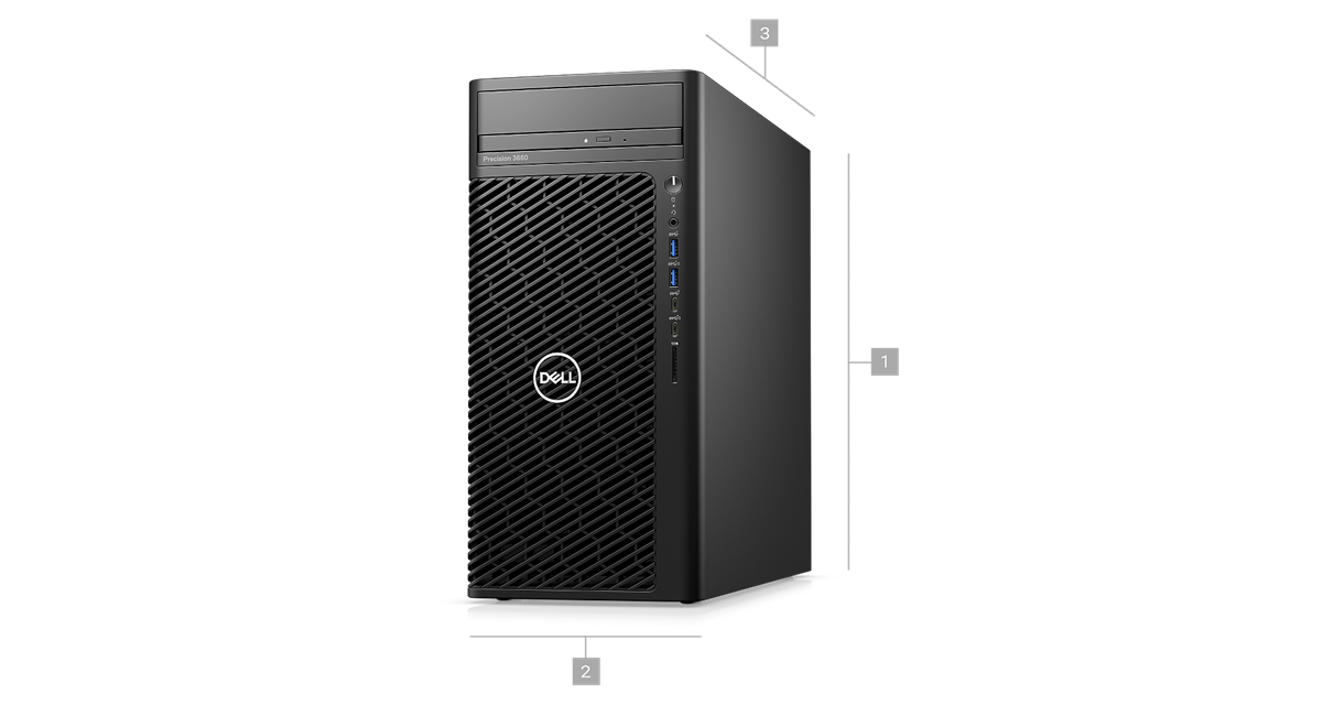 Bild einer Dell Precision 3660-Tower-Workstation mit Ziffern von 1 bis 3 zur Kennzeichnung der Produktabmessungen und des Gewichts.