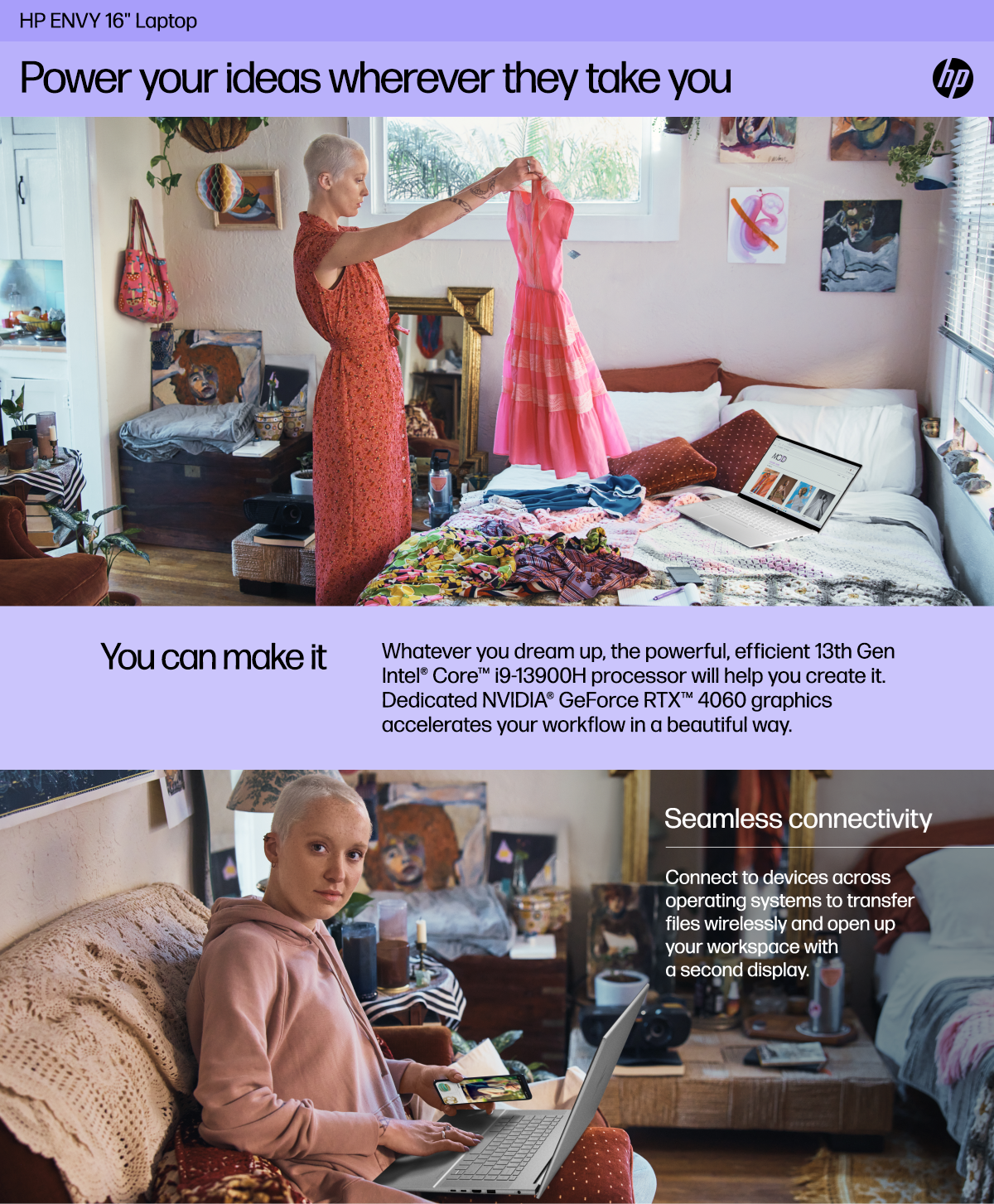 Young woman holds up a dress in her bedroom