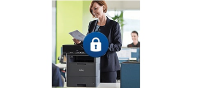 Woman reviewing printed documents at office printing station. With blue security lock icon