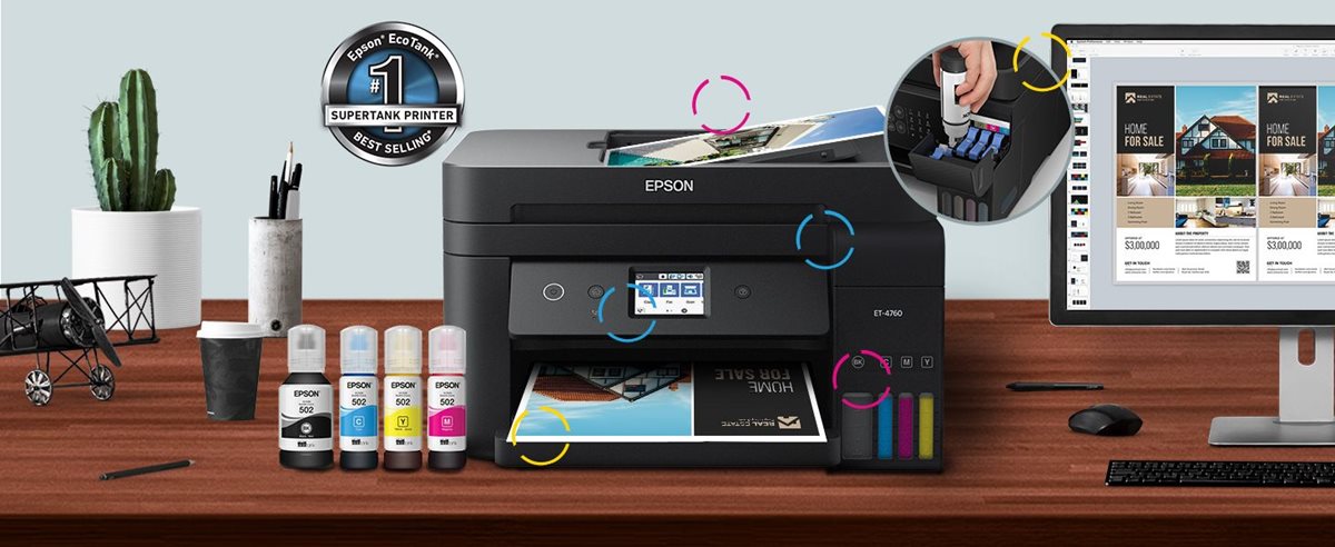 Epson EcoTank ET-4760 Wireless Color All-in-One Cartridge-Free Supertank  Printer with Scanner, Copier, Fax, ADF and Ethernet - Black