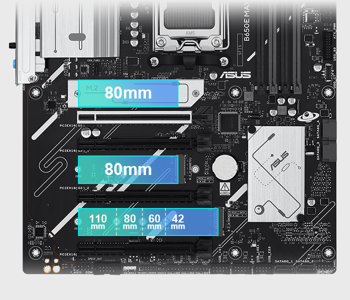 Das B650E MAX GAMING WIFI Mainboard unterstützt PCIe 5.0 M.2 Support.